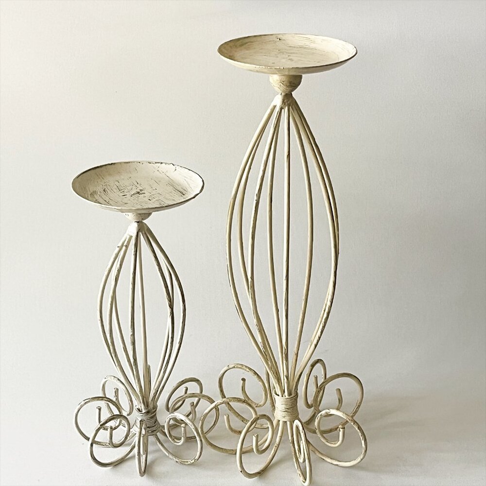 Pair of French Country Metal Wire Candle Holders Cream Gold Distressed Set 2